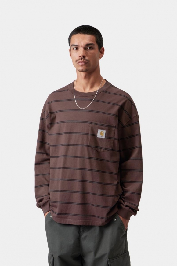 Carhartt L/S Cardona Pocket T-Shirt - Cardona-Streifen, Natur / Palisander, stückgefärbt