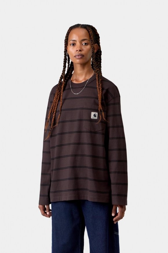 Carhartt L/S Cardona Pocket T-Shirt - Cardona-Streifen, Natur / Palisander, stückgefärbt