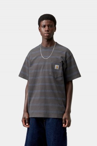 Carhartt S/S Bert Pocket T-Shirt - Bert Stripe, Graphit / Curacao, stückgefärbt Carhartt S/S Bert Pocket T-Shirt - Bert Stripe, Graphit / Curacao, stückgefärbt