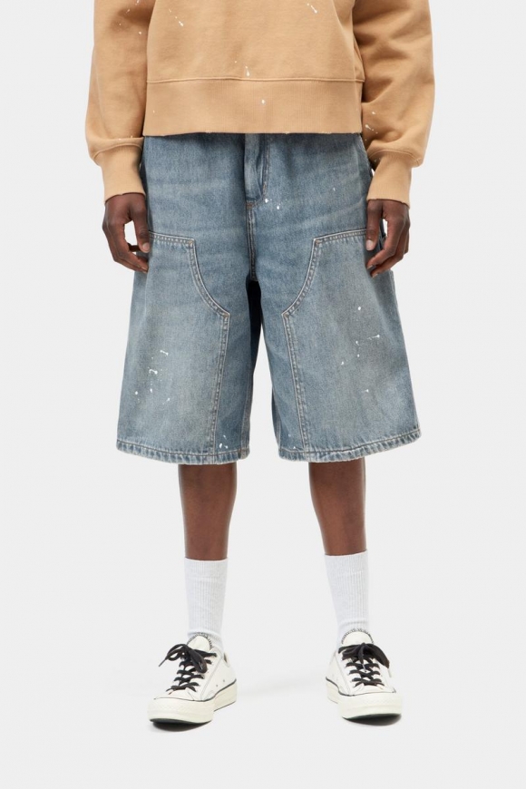 Carhartt Nixon Double Knee Short - Blau, Zerstörerische Waschung, Spritzer Carhartt Nixon Double Knee Short - Blau, Zerstörerische Waschung, Spritzer