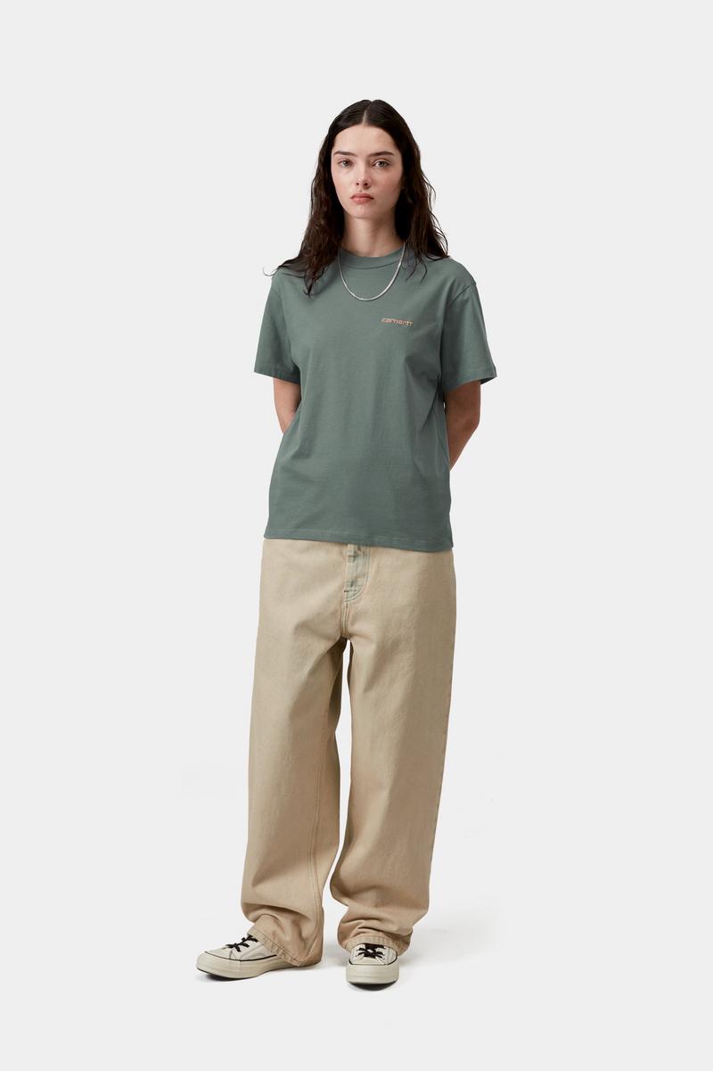 Carhartt S/S Script Embroidery T-Shirt - Samtgrün / Sanftes Orange