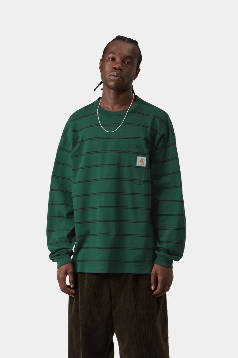 Carhartt L/S Cardona Pocket T-Shirt - Cardona-Streifen, Natur / Dunkler Skarabäus, Stückgefärbt