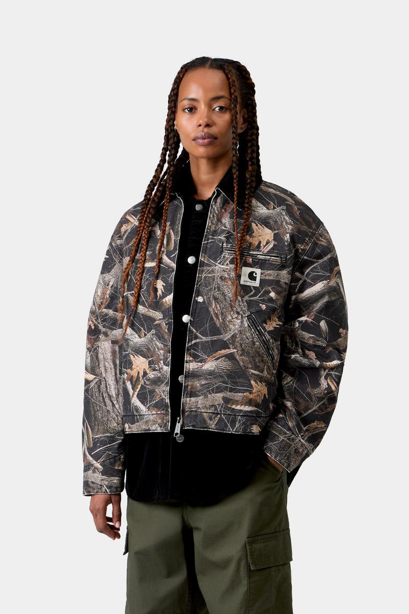 Carhartt OG Detroit Jacket - Camo Feather Tree, Schwarz / Schwarz, Heavy Stone Wash