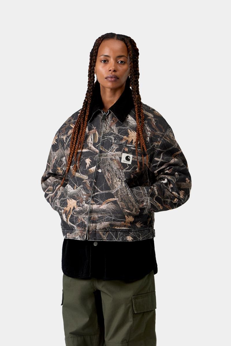 Carhartt OG Detroit Jacket - Camo Feather Tree, Schwarz / Schwarz, Heavy Stone Wash
