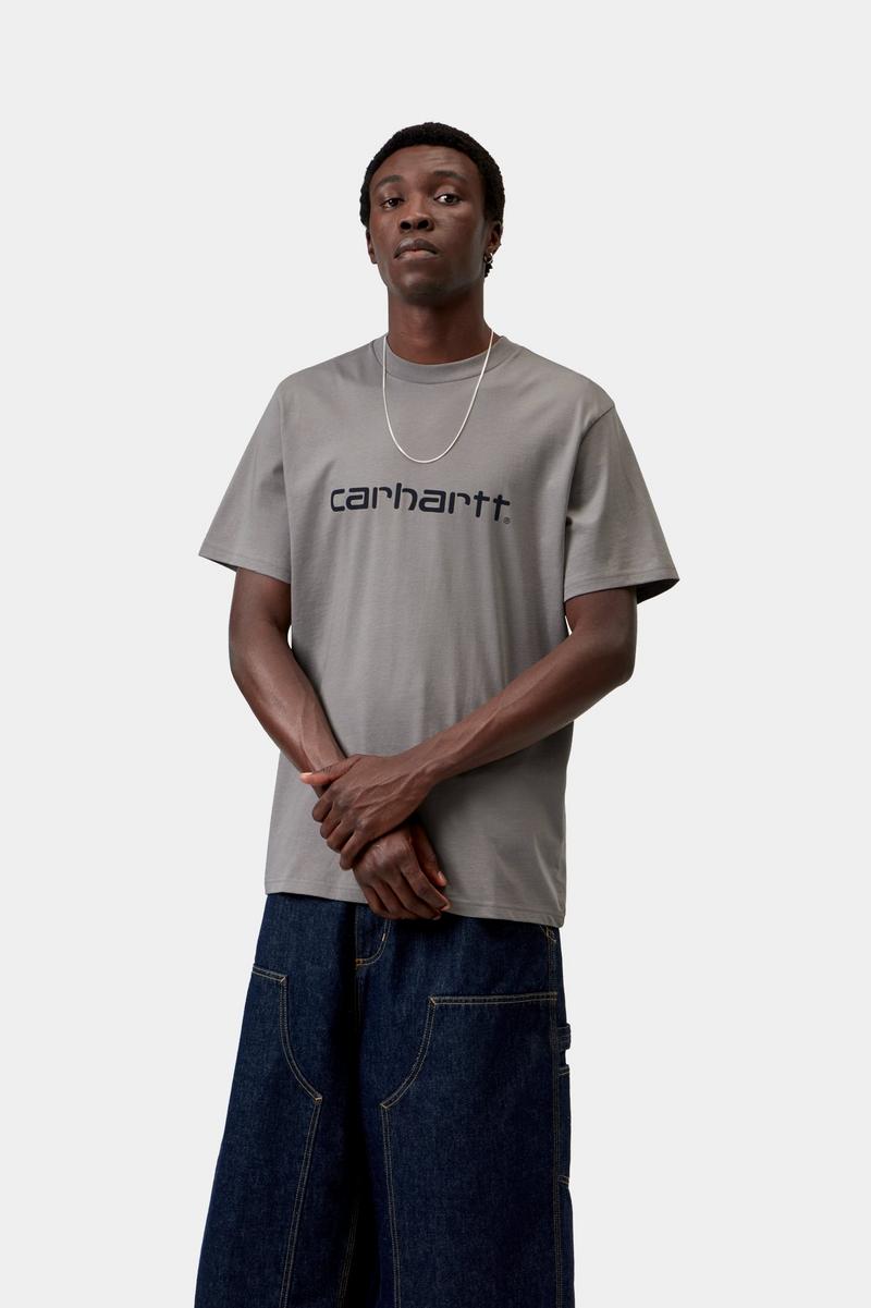 Carhartt S/S Script T-Shirt - Schattiges Grau / Dunkles Marineblau