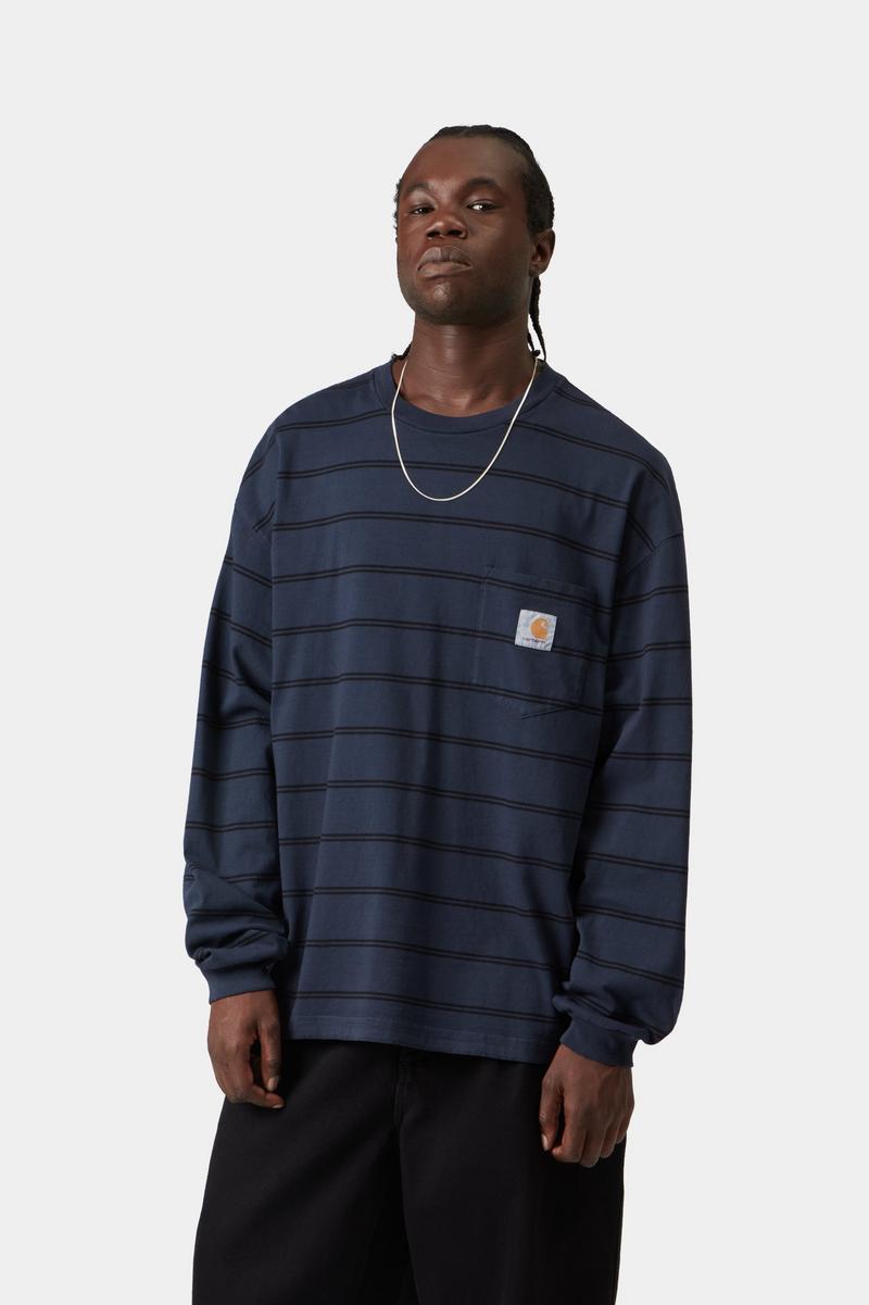 Carhartt L/S Cardona Pocket T-Shirt - Cardona-Streifen, Natur / Dunkelblau, stückgefärbt